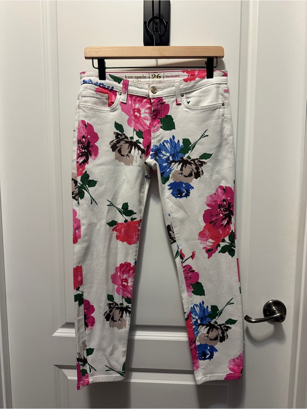 kate spade White Floral Skinny Jeans with Pink & Blue Blooms